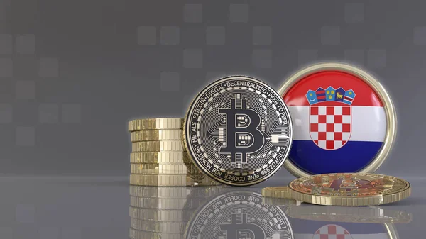 3D-Darstellung einiger metallischer Bitcoins vor einem Abzeichen mit der kroatischen Flagge — Stockbild Darstellung Einiger Metallischer Bitcoins Vor Einem Abzeichen Mit Der Kroatischen — Stockfoto