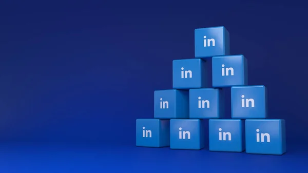 Redare Unei Grămezi Logo Uri Cubice Linkedin Fundal Albastru — Fotografie, imagine de stoc