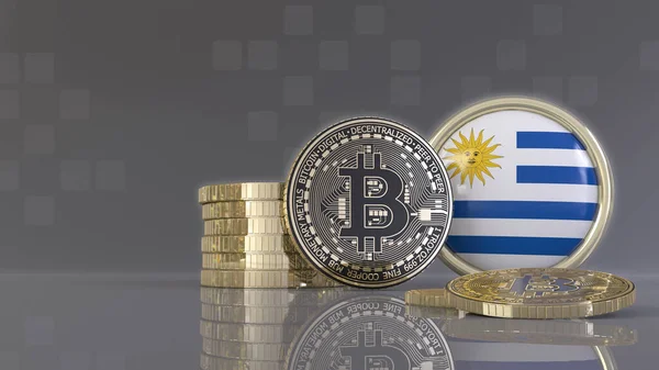 3D在印有乌拉圭国旗的徽章前渲染一些金属比特币 — 图库照片