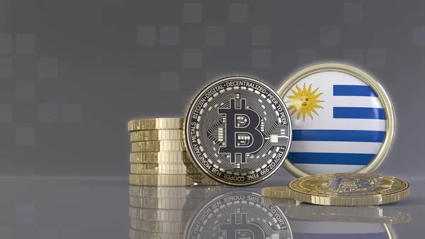 3D-Darstellung einiger metallischer Bitcoins vor einem Abzeichen mit der uruguayischen Flagge — Stockbild Darstellung Einiger Metallischer Bitcoins Vor Einem Abzeichen Mit Der Uruguayischen — Stockfoto