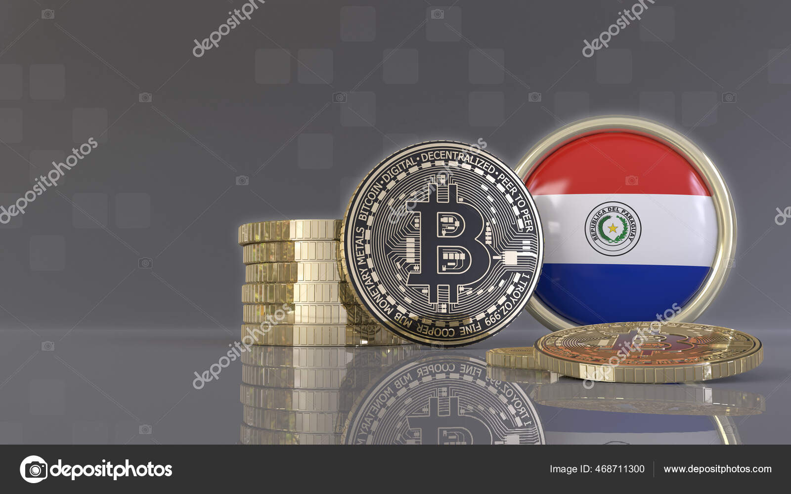 3D在印有巴拉圭国旗的徽章前渲染一些金属比特币—— 库存社论照片© MMollaretti #468711300