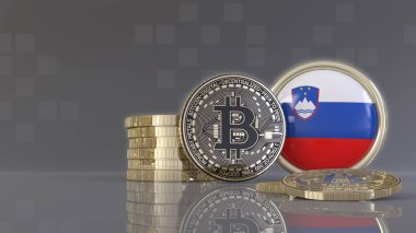 Sloven bayrağı taşıyan bir rozet önünde bazı metalik Bitcoin 'lerin 3D yorumlanması