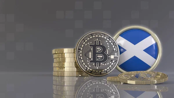 3D-Darstellung einiger metallischer Bitcoins vor einem Abzeichen mit der schottischen Flagge — Stockbild Darstellung Einiger Metallischer Bitcoins Vor Einem Abzeichen Mit Der Schottischen — Stockfoto