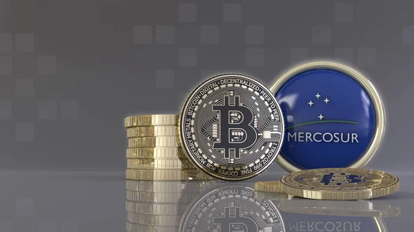 3D-Rendering einiger metallischer Bitcoins vor einem Abzeichen mit dem Mercosur-Logo — Stockbild Rendering Einiger Metallischer Bitcoins Vor Einem Abzeichen Mit Dem Mercosur — Stockfoto