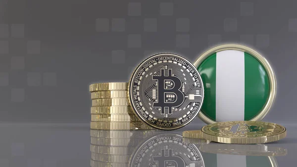 3D-Darstellung einiger metallischer Bitcoins vor einem Abzeichen mit der nigerianischen Flagge — Stockbild Darstellung Einiger Metallischer Bitcoins Vor Einem Abzeichen Mit Der Nigerianischen — Stockfoto