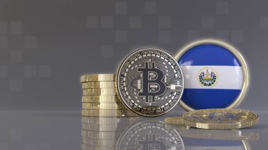 3d rendering of some metallic Bitcoins in front of an badge with the Salvadoran flag clipart