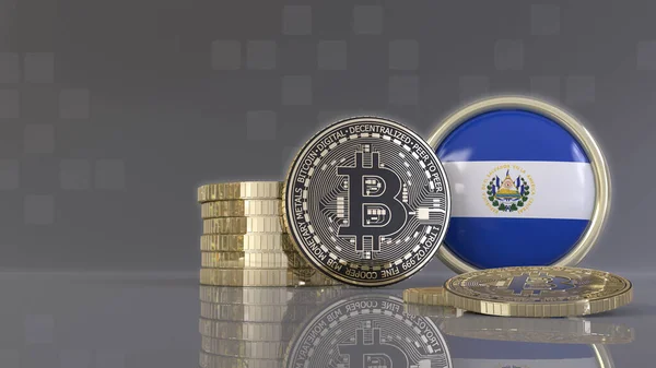 Renderização Alguns Bitcoins Metálicos Frente Distintivo Com Bandeira Salvadorenha — Fotografia de Stock