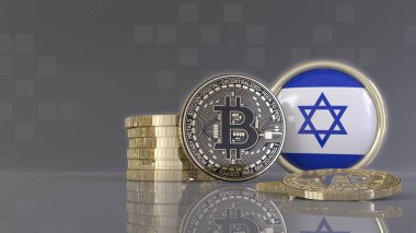İsrail bayrağı taşıyan bir rozetin önünde bazı metalik Bitcoin 'lerin 3D çizimi