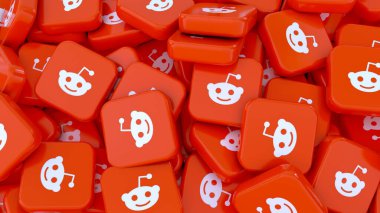 3D Reddit 'in kare rozetlerinin bir çoğunu yakın çekim görüntüsünde görüntülüyor