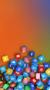 Renkli dikey arkaplan üzerinde ana sosyal ağ uygulamalarının logosuna sahip bir grup kare rozetin 3D görüntülenmesi