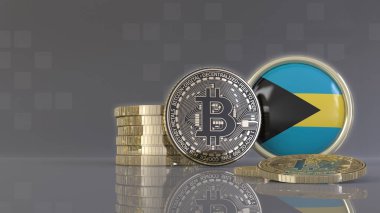 Bahama bayrağı taşıyan bir rozetin önünde bazı metalik Bitcoin 'lerin 3D çizimi