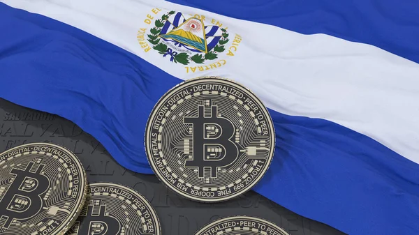 Representación Bitcoin Metálico Sobre Una Bandera Salvadoreña —  Fotos de Stock