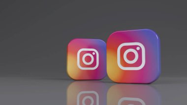 Gri arkaplan üzerinde iki Instagram kare rozetinin 3D canlandırması