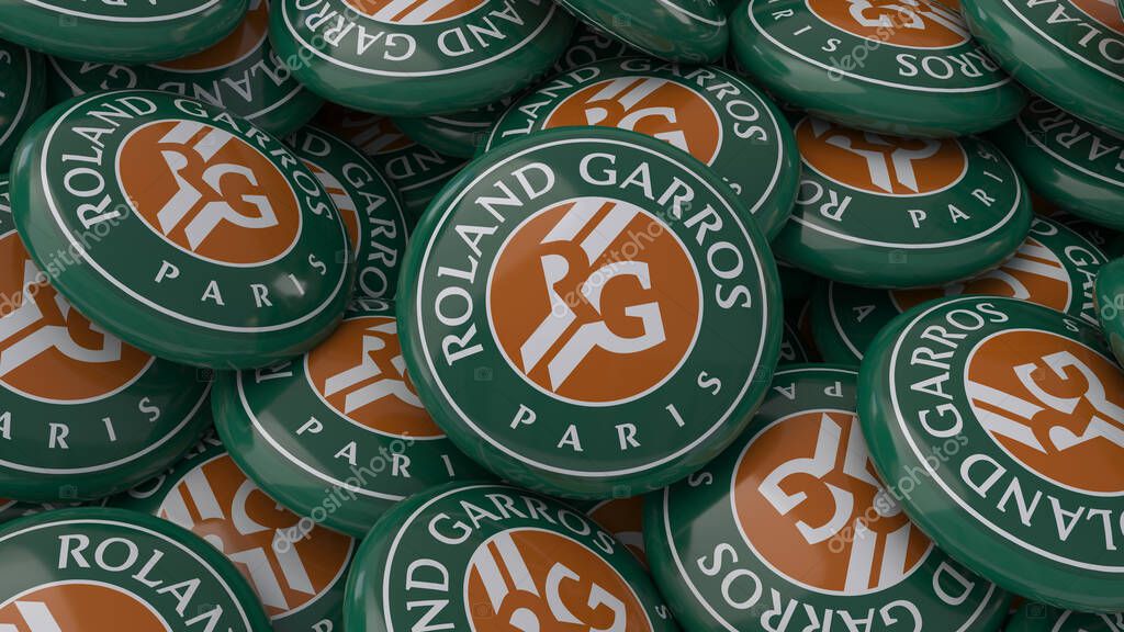 3d rendering of a lot of badges with te logo of Roland Garros Grand Slam Tennis Tournament