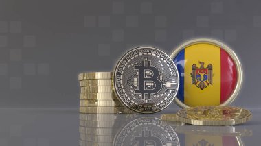 Moldova bayrağı taşıyan bir rozet önünde bazı metalik Bitcoin 'lerin 3D yorumlanması