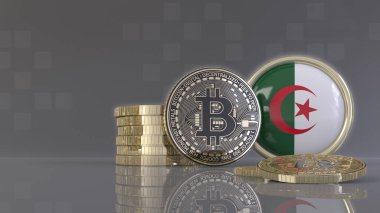 Cezayir bayrağı taşıyan bir rozetin önünde bazı metalik Bitcoin 'lerin 3D çizimi