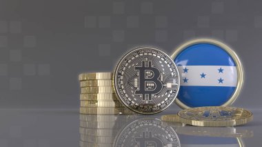 Honduras bayrağı taşıyan bir rozetin önünde bazı metalik Bitcoin 'lerin 3D çizimi