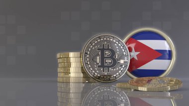 Üzerinde Küba bayrağı olan bir rozetin önünde bazı metalik Bitcoin 'lerin 3D çizimi