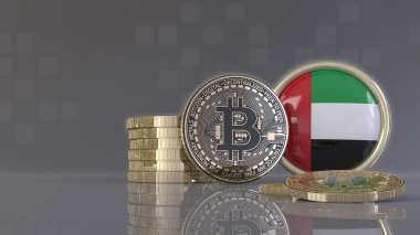 Emirati bayrağı taşıyan bir rozetin önünde bazı metalik Bitcoin 'lerin 3D çizimi