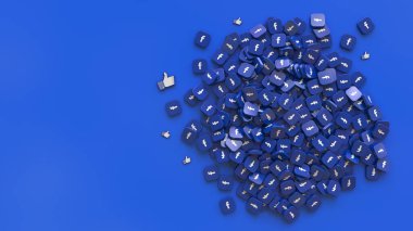 Facebook 'lu bir grup kare rozet ve mavi arkaplan üzerindeki logolar gibi.