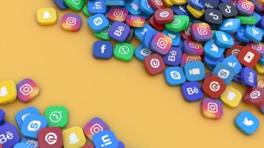 Turuncu arkaplandaki ana sosyal ağ uygulamalarının logosuna sahip bir grup kare rozetin 3D görüntülenmesi