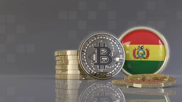 Renderelés Néhány Fémes Bitcoin Előtt Egy Jelvény Bolíviai Zászló — Stock Fotó