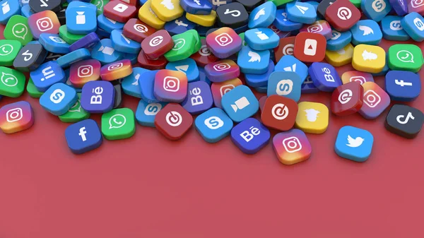 Rendering Bunch Square Badges Logo Main Social Networks Apps Red — Stock Photo, Image