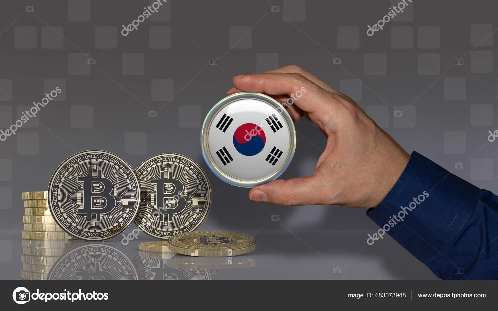 Hand Holding Badge South Korean Flag Front Some Bitcoins Crypto — Stock  Editorial Photo © MMollaretti #483073948