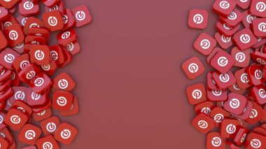 Kırmızı zemin üzerinde Pinterest logosu olan bir grup kare rozetin 3D görüntülenmesi