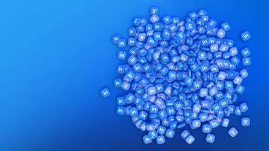 Mavi arkaplanda Linkedin logosu olan bir grup kare rozetin 3D görüntülenmesi