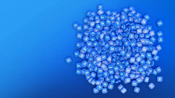 Renderização Monte Emblemas Quadrados Com Logotipo Linkedin Sobre Fundo Azul — Fotografia de Stock
