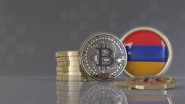 3D在印有亚美尼亚国旗的徽章前渲染一些金属比特币 — 图库照片