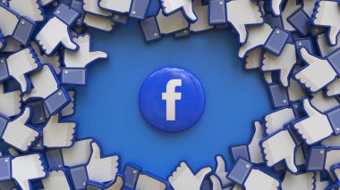 3D facebook 'un rozeti mavi arkaplan üzerindeki bir grup simge ile çevrili.
