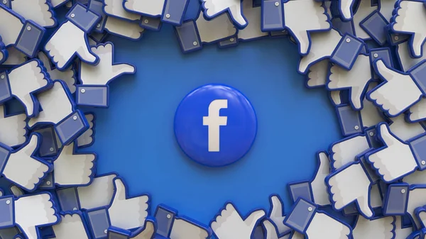 3D渲染Facebook的徽章周围是一堆蓝色背景的图标 — 图库照片