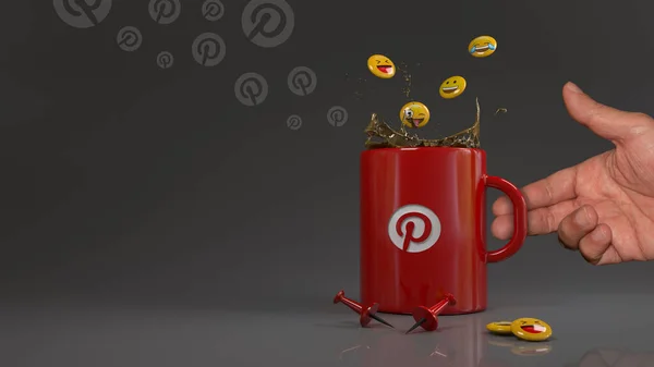 Renderização Alguns Emojis Caindo Uma Caneca Vermelha Com Logotipo Pinterest — Fotografia de Stock