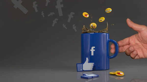 Renderização Alguns Emojis Caindo Uma Caneca Azul Com Logotipo Facebook — Fotografia de Stock