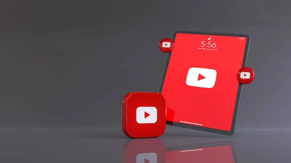 Rendering Des Youtube Logos Vor Einem Tablet Mit Dem App — Stockfoto