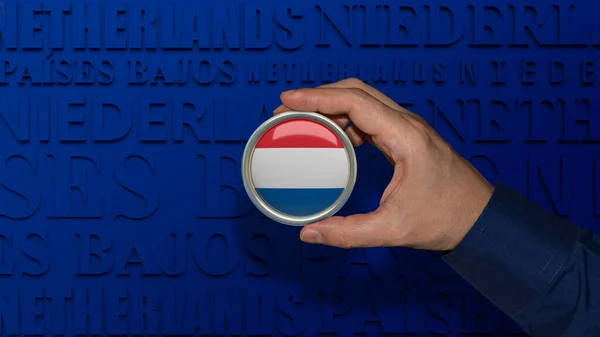 Male Hand Holding Badge National Flag Netherlands Dark Blue Background — Stock Photo, Image