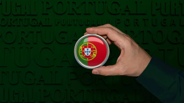Manlig Hand Som Håller Bricka Med Portugals Nationalflagga Över Mörkgrön — Stockfoto