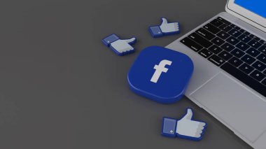 Gri arkaplandaki dizüstü bilgisayarın üzerinde 3 boyutlu simgeler ve bir Facebook kare rozet gösterimi