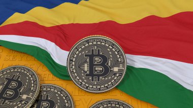 Seyşeller bayrağı üzerinde 3D altın ve siyah metalik Bitcoin.