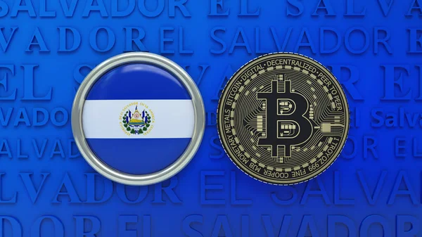 Representación Una Insignia Con Bandera Salvadoreña Junto Bitcoin Metálico Dorado —  Fotos de Stock