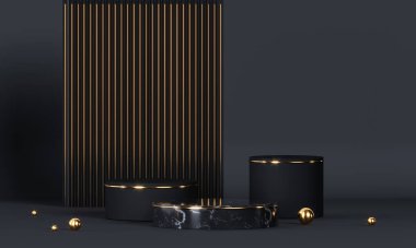 Geometrik şekilli ve altın elementli yuvarlak podyum. Soyut boş kaide, görünüm platformu. 3d oluşturma