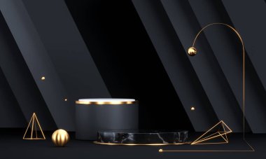 Geometrik şekilli ve altın elementli yuvarlak podyum. Soyut boş kaide, görünüm platformu. 3d oluşturma
