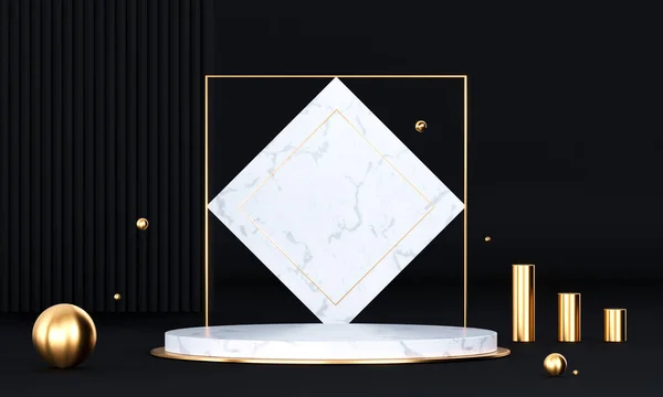 Kerek pódium geometriai formákkal és arany elemekkel. Absztrakt üres talapzat, kijelző platform. 3D-s renderelés — Stock Fotó