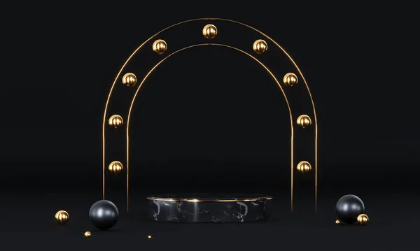 Podium bulat dengan bentuk geometris dan elemen emas. Pijakan kosong abstrak, tampilan platform. Rendering 3d — Stok Foto