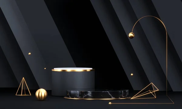 Geometrik şekilli ve altın elementli yuvarlak podyum. Soyut boş kaide, görünüm platformu. 3d oluşturma