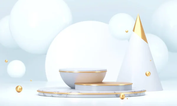Putih bulat podium dengan bentuk geometris dan elemen emas. Pijakan kosong abstrak, tampilan platform. Perenderan 3D — Stok Foto