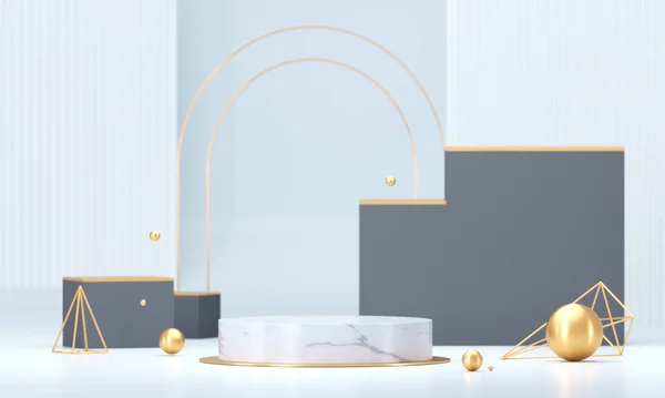 Putih bulat podium dengan bentuk geometris dan elemen emas. Pijakan kosong abstrak, tampilan platform. Perenderan 3D — Stok Foto