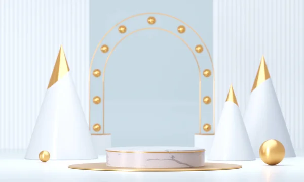 Fehér kerek pódium geometrikus formákkal és arany elemekkel. Absztrakt üres talapzat, kijelző platform. 3D Renderelés — Stock Fotó